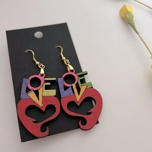 NEW Wood Laser Cut Love Heart Dangle Earrings - Multi Rainbow